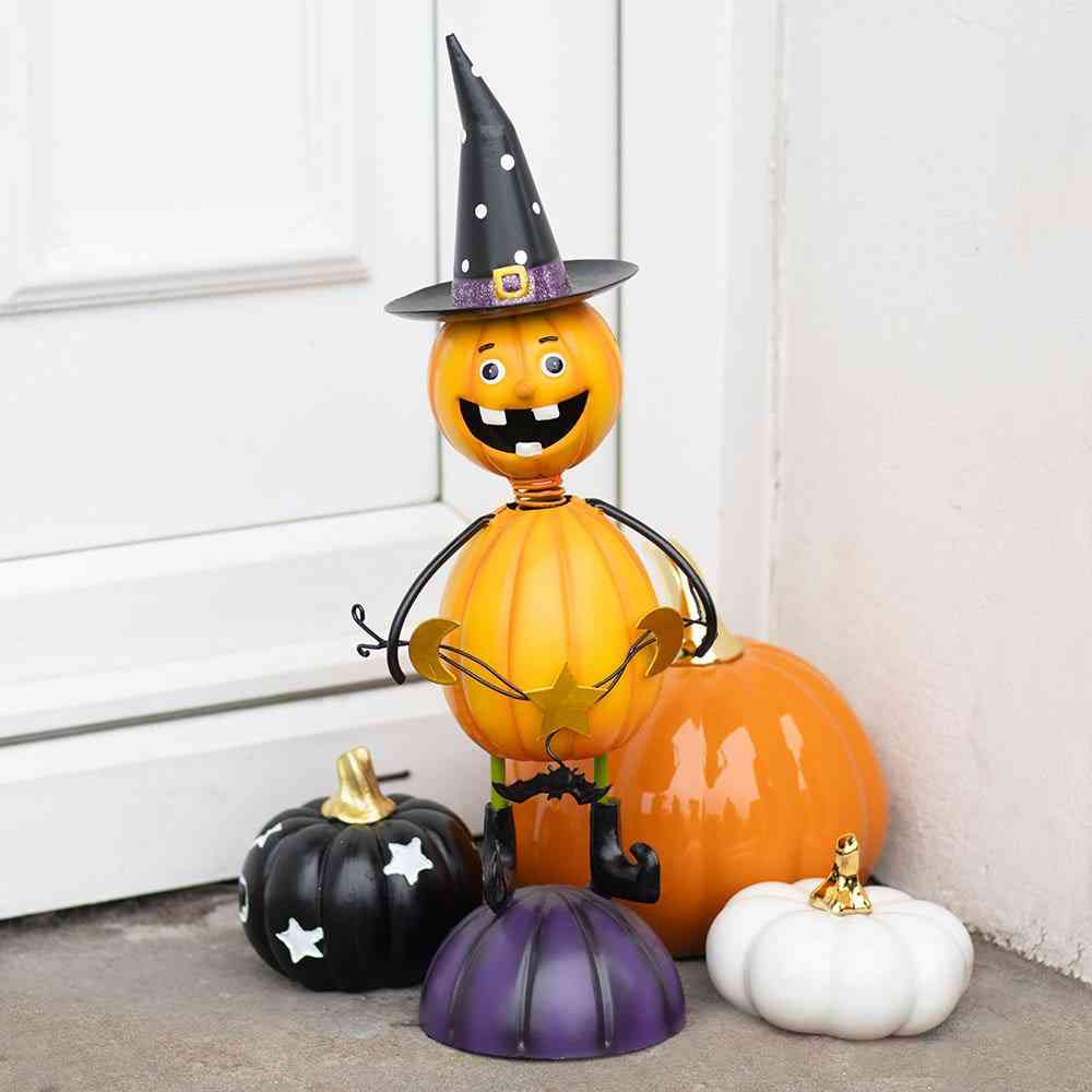Something Different - Orange Metal Pumpkin Man Ornament with Witch Hat Garden figure - Multicolours